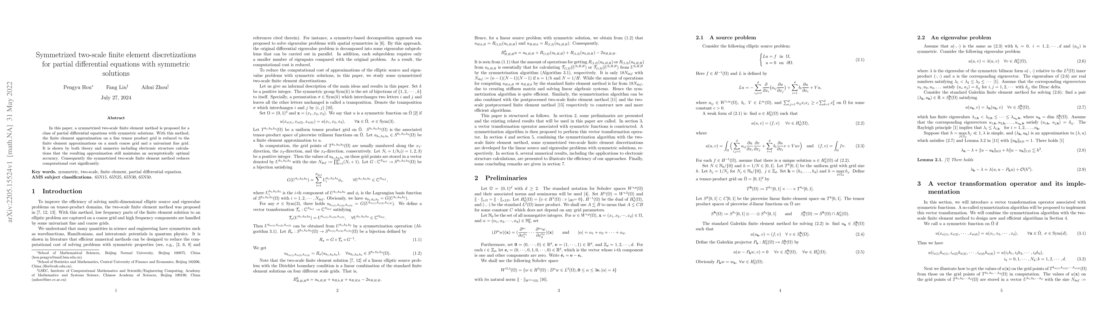 Thumbnail for Symmetrized two-scale finite element discretizations for partial
  differential equations with symmetric solutions