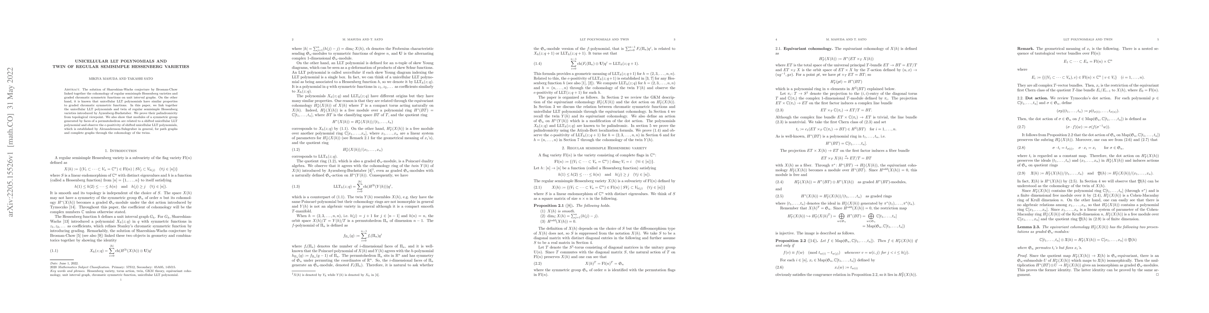 Thumbnail for Unicellular LLT polynomials and twin of regular semisimple Hessenberg
  varieties