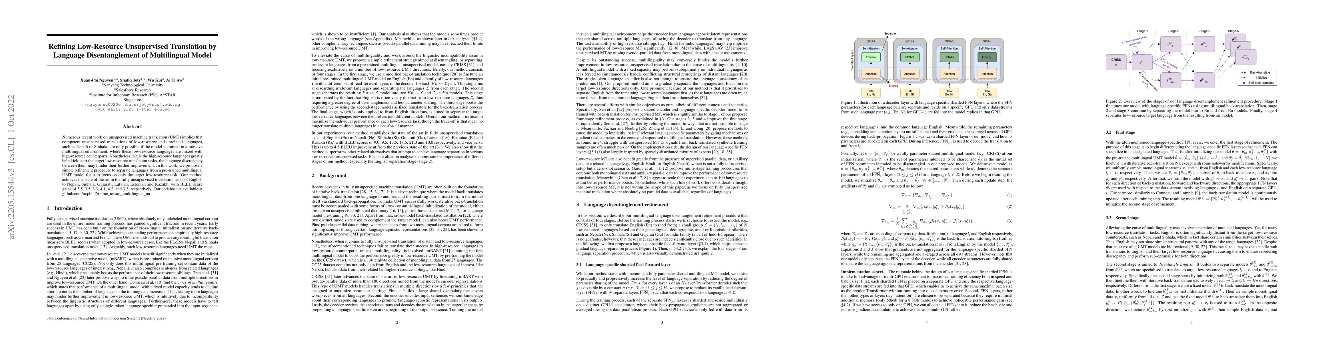 Thumbnail for Refining Low-Resource Unsupervised Translation by Language
  Disentanglement of Multilingual Model