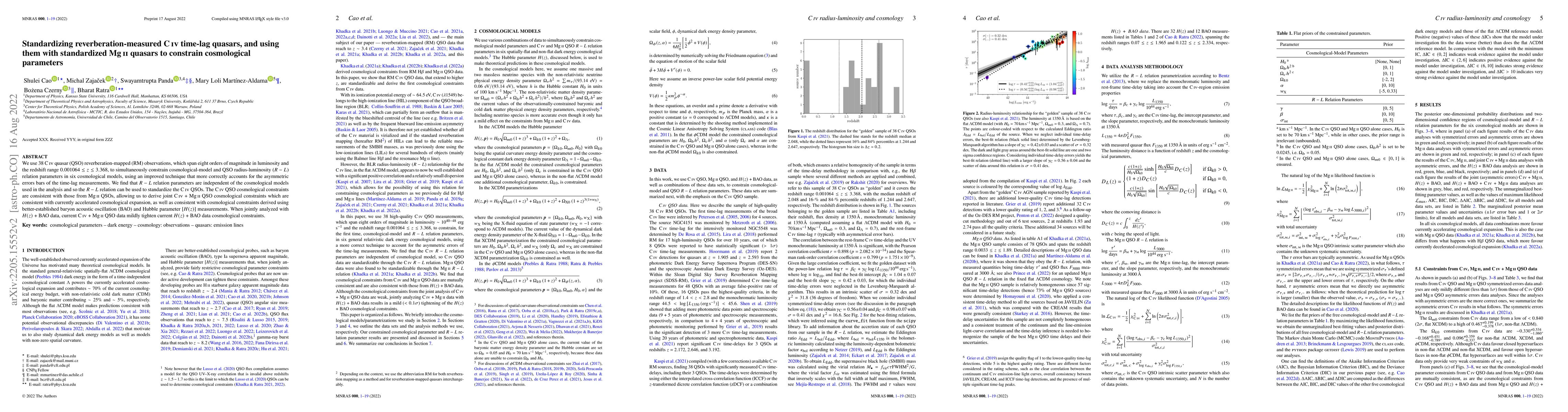 Thumbnail for Standardizing reverberation-measured C IV time-lag quasars, and using
  them with standardized Mg II quasars to constrain cosmological parameters