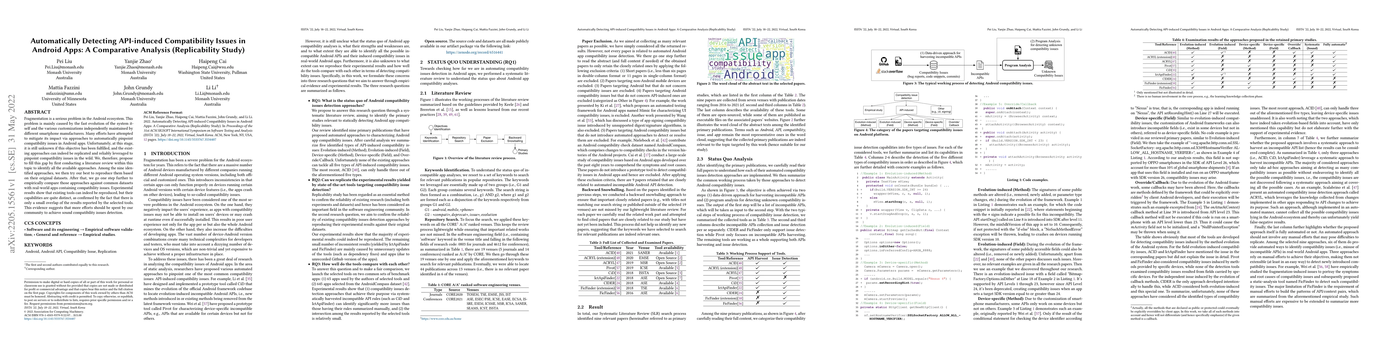 Thumbnail for Automatically Detecting API-induced Compatibility Issues in Android
  Apps: A Comparative Analysis (Replicability Study)