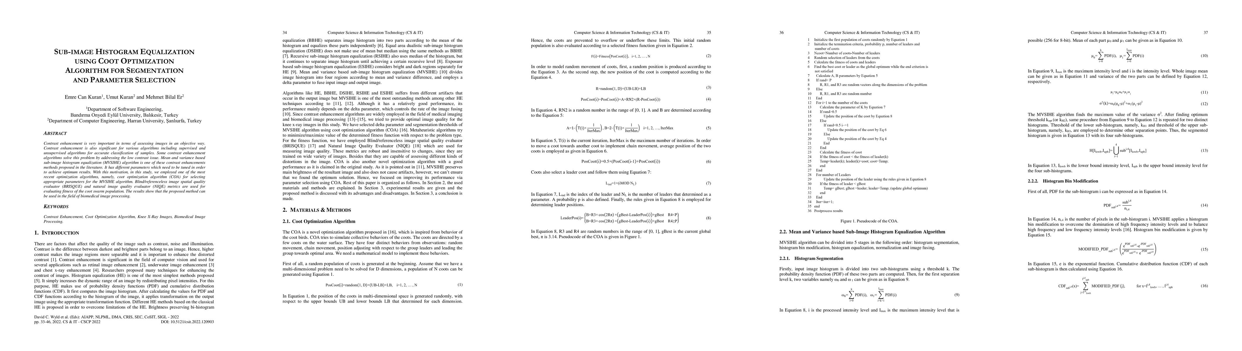 Thumbnail for Sub-Image Histogram Equalization using Coot Optimization Algorithm for
  Segmentation and Parameter Selection