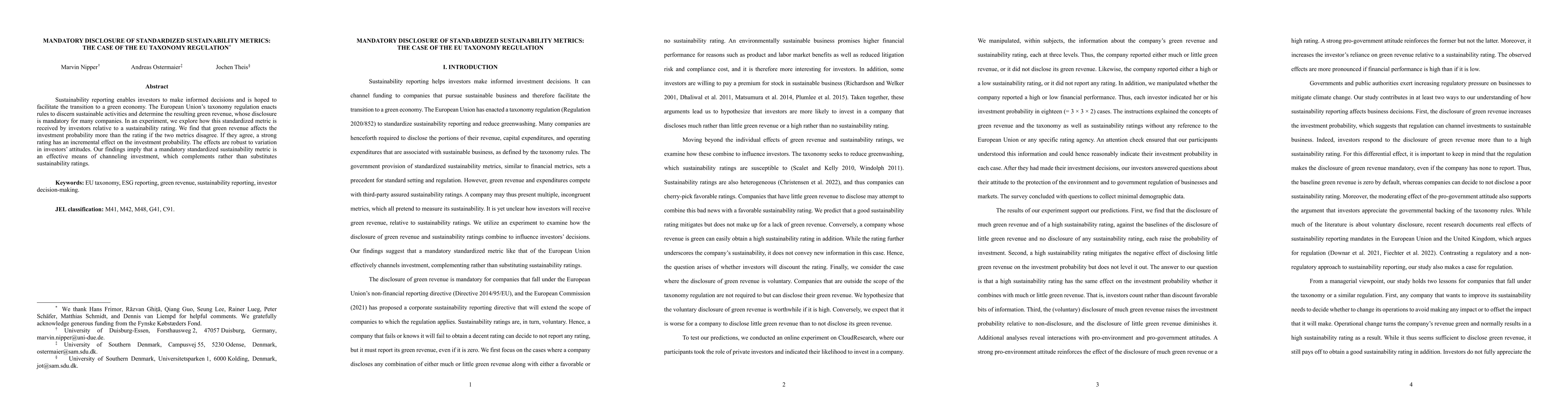 Thumbnail for Mandatory Disclosure of Standardized Sustainability Metrics: The Case of
  the EU Taxonomy Regulation