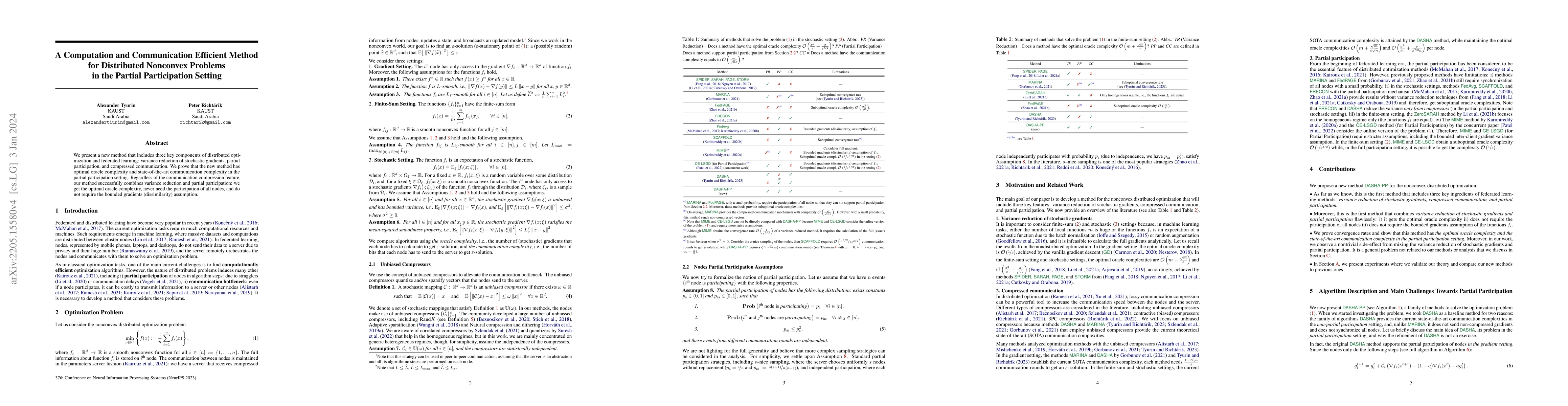 Thumbnail for A Computation and Communication Efficient Method for Distributed
  Nonconvex Problems in the Partial Participation Setting