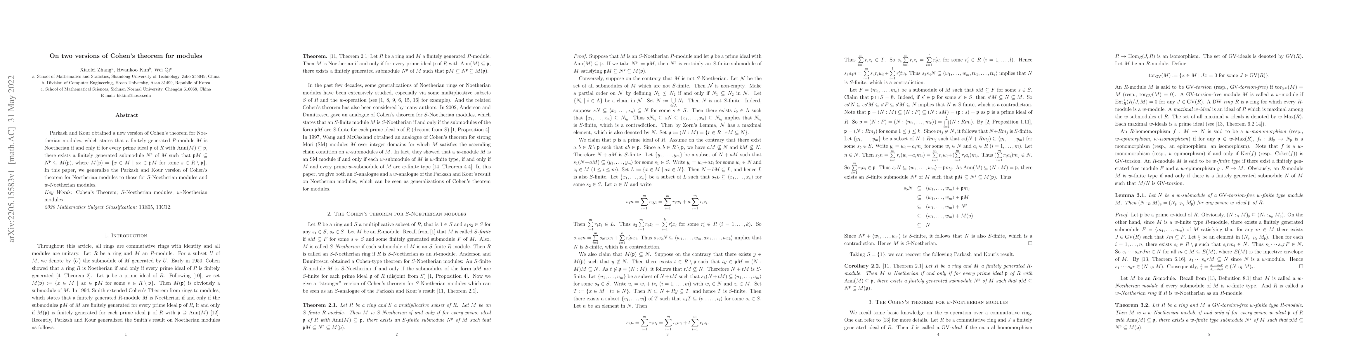 Thumbnail for On two versions of Cohen's theorem for modules