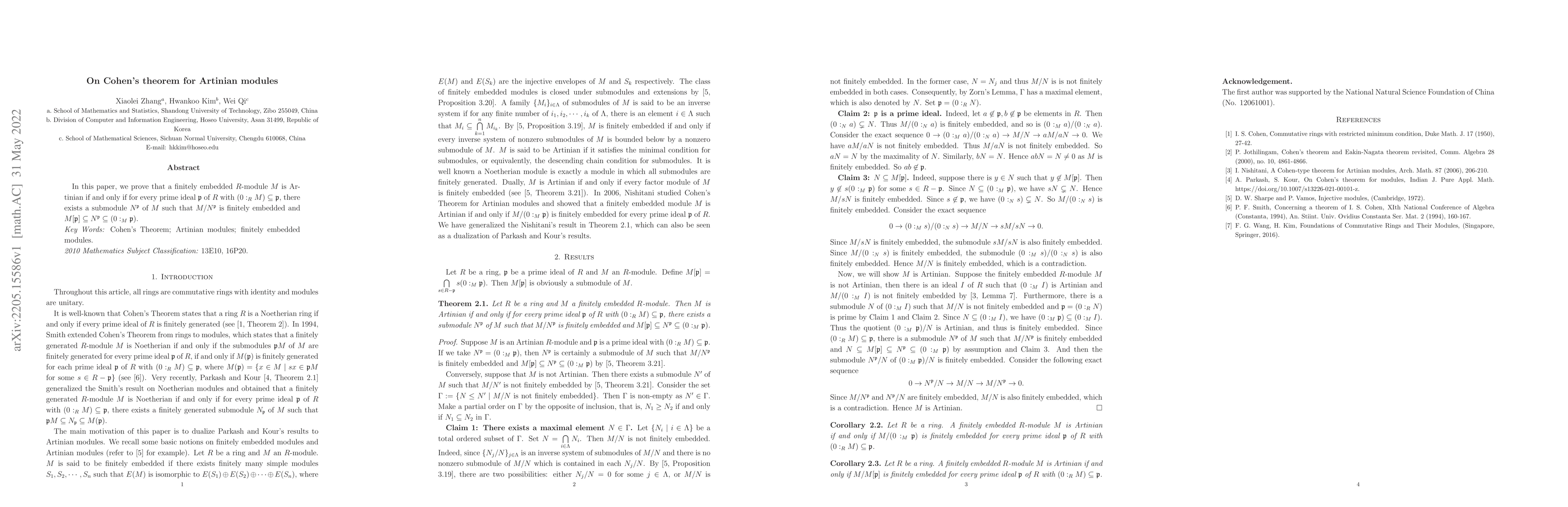 Thumbnail for On Cohen's theorem for Artinian modules