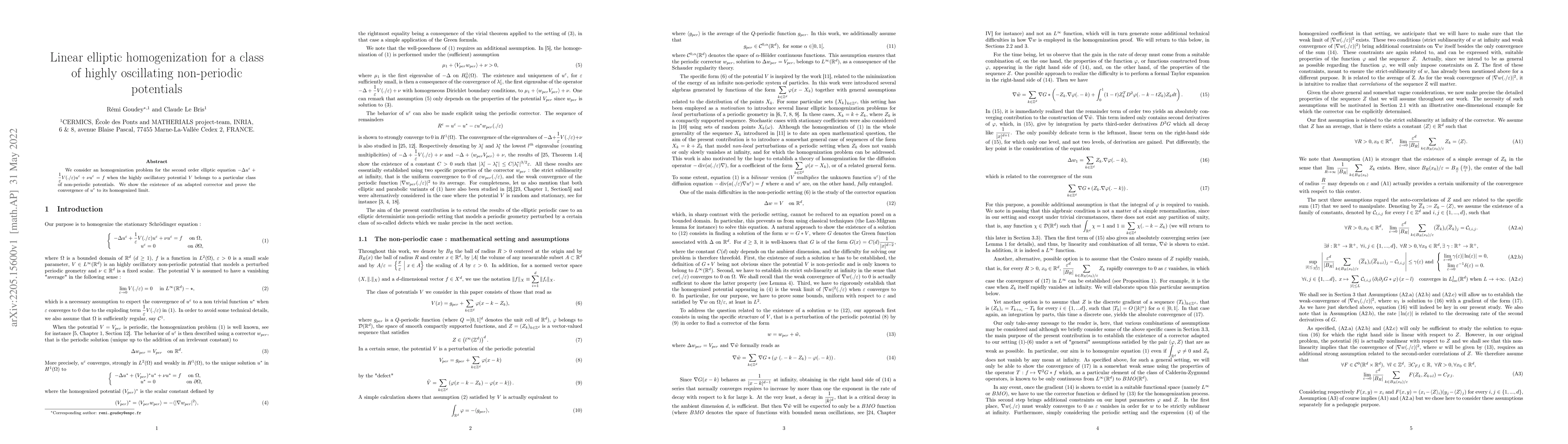 Thumbnail for Linear elliptic homogenization for a class of highly oscillating
  non-periodic potentials