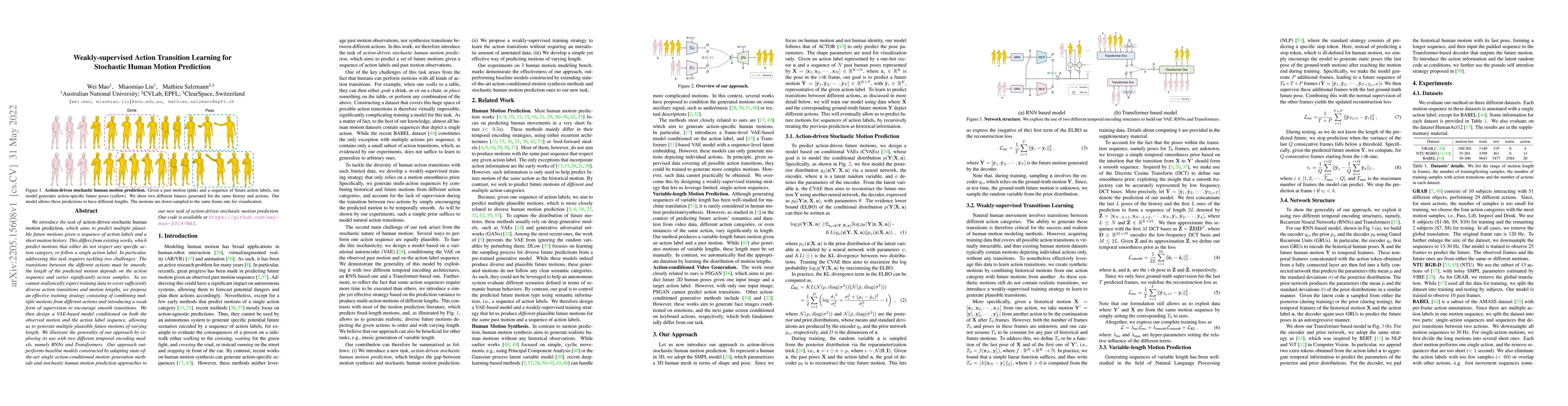 Thumbnail for Weakly-supervised Action Transition Learning for Stochastic Human Motion
  Prediction