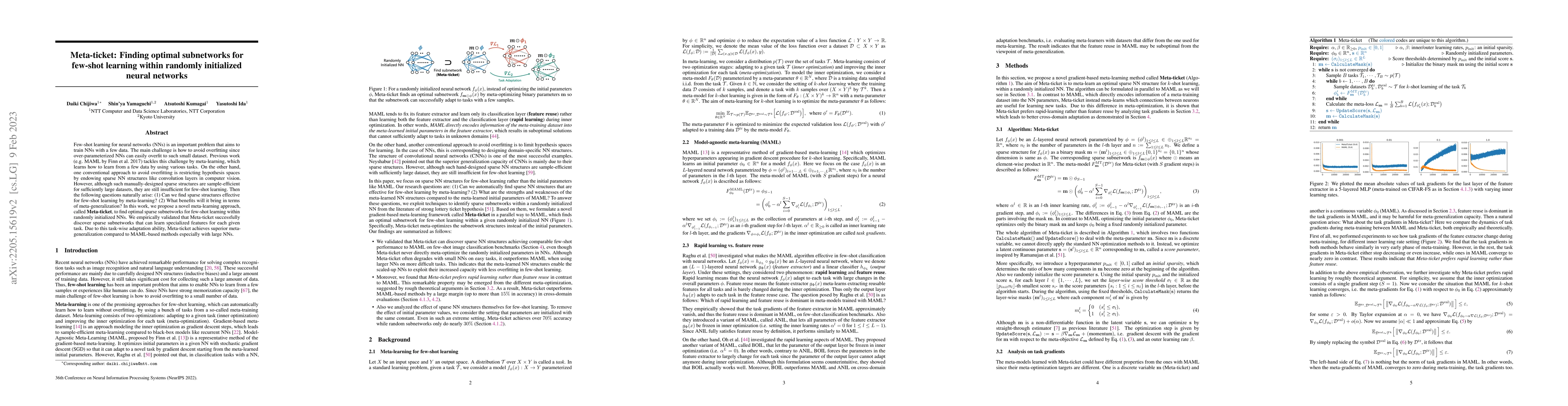 Thumbnail for Meta-ticket: Finding optimal subnetworks for few-shot learning within
  randomly initialized neural networks