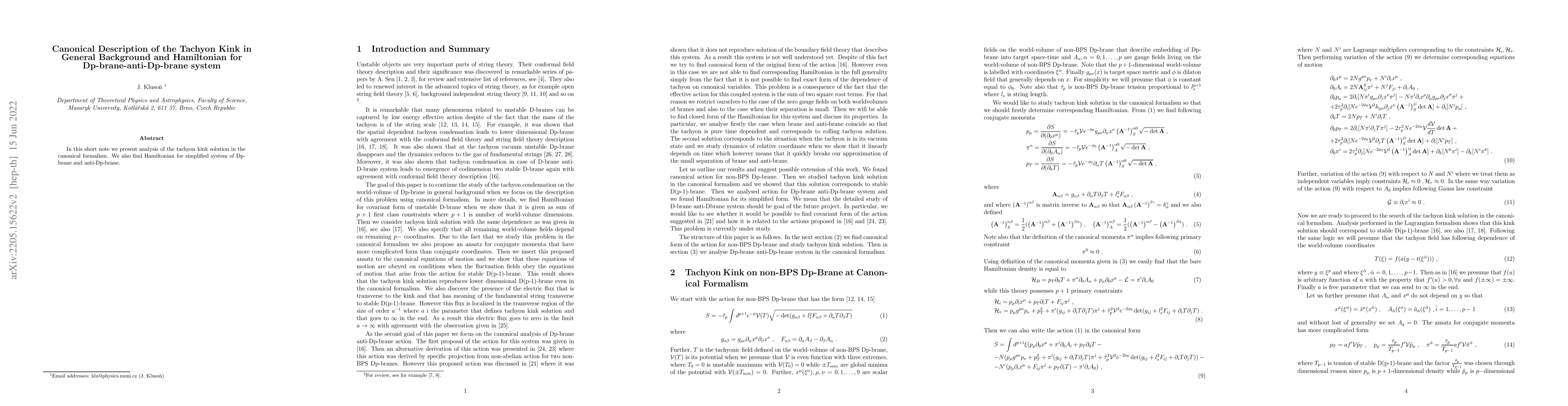Thumbnail for Canonical Description of the Tachyon Kink in General Background and
  Hamiltonian for Dp-brane-anti-Dp-brane system