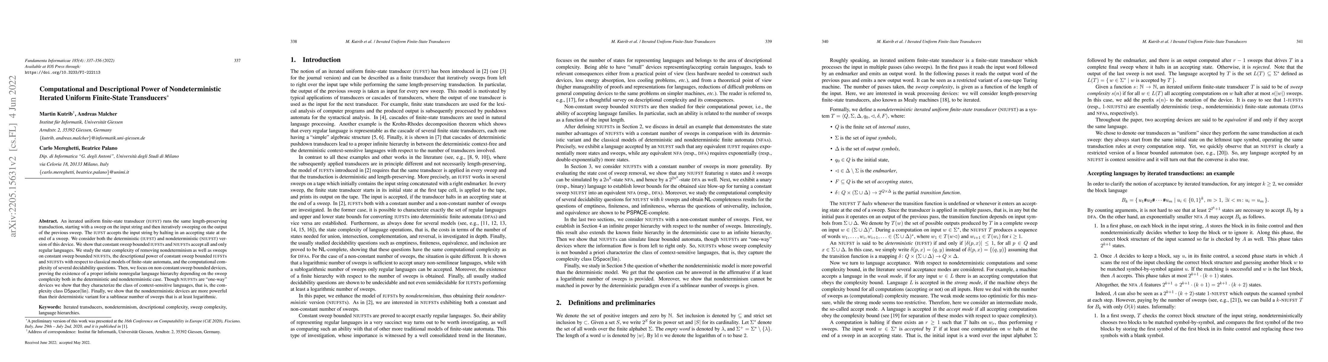 Thumbnail for Computational and Descriptional Power of Nondeterministic Iterated
  Uniform Finite-State Transducers
