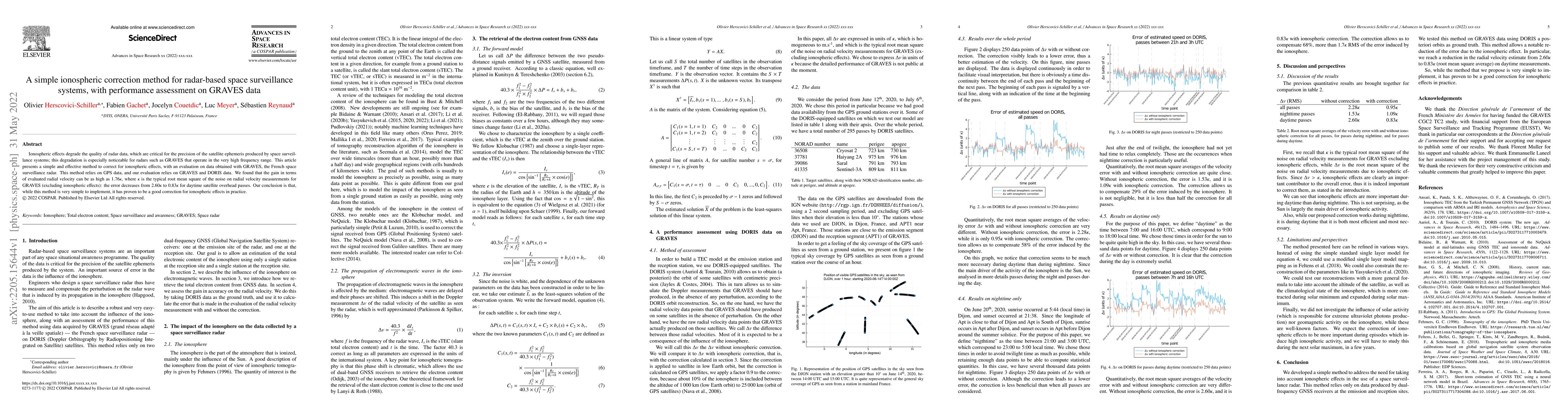 Thumbnail for A simple ionospheric correction method for radar-based space
  surveillance systems, with performance assessment on GRAVES data