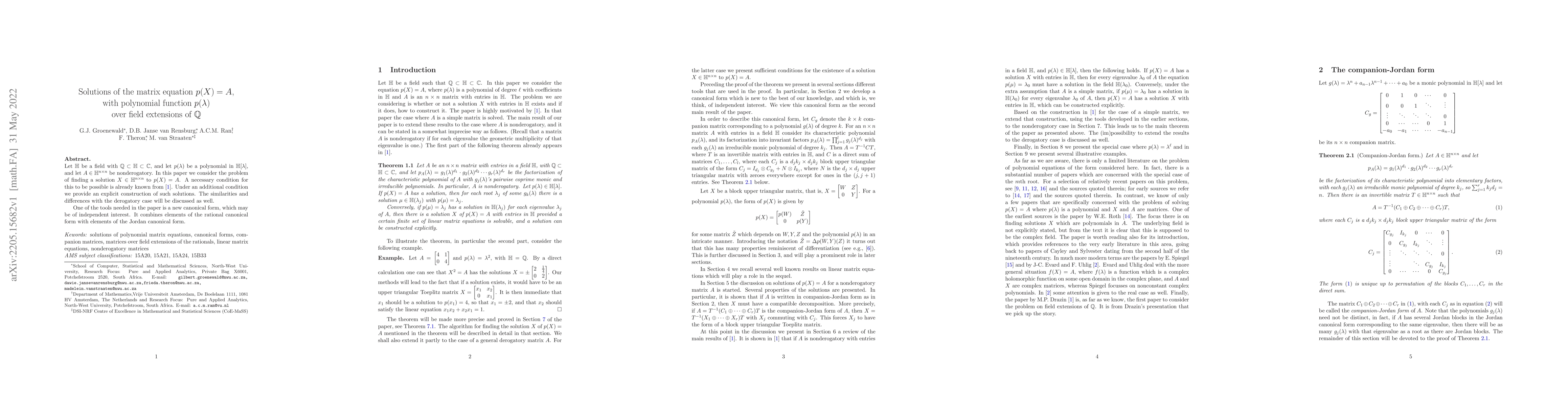 Thumbnail for Solutions of the matrix equation $p(X)=A$, with polynomial function
  $p(\lambda)$ over field extensions of $\mathbb{Q}$