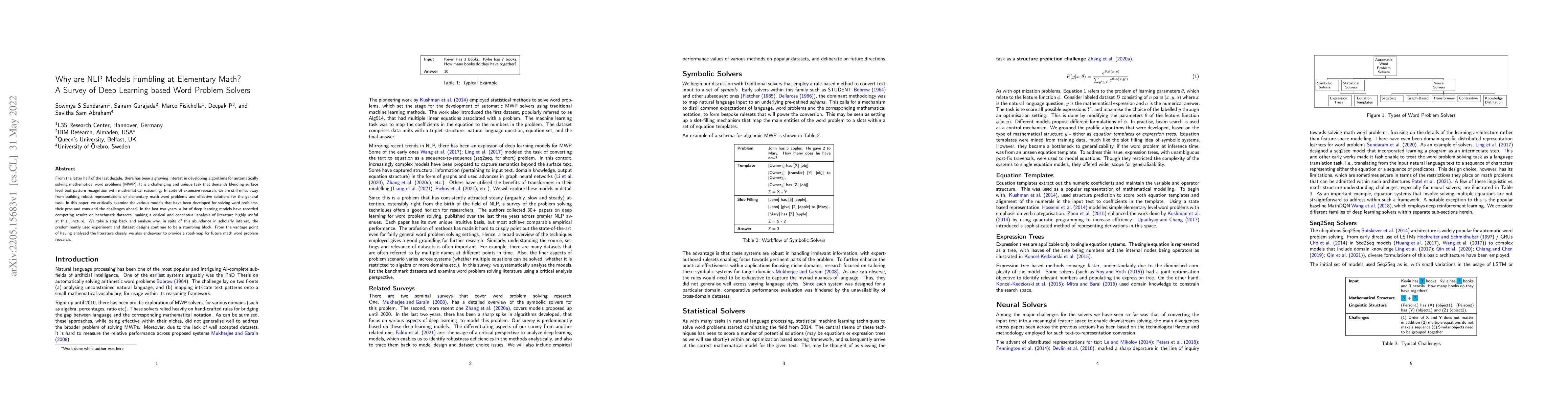 Thumbnail for Why are NLP Models Fumbling at Elementary Math? A Survey of Deep
  Learning based Word Problem Solvers