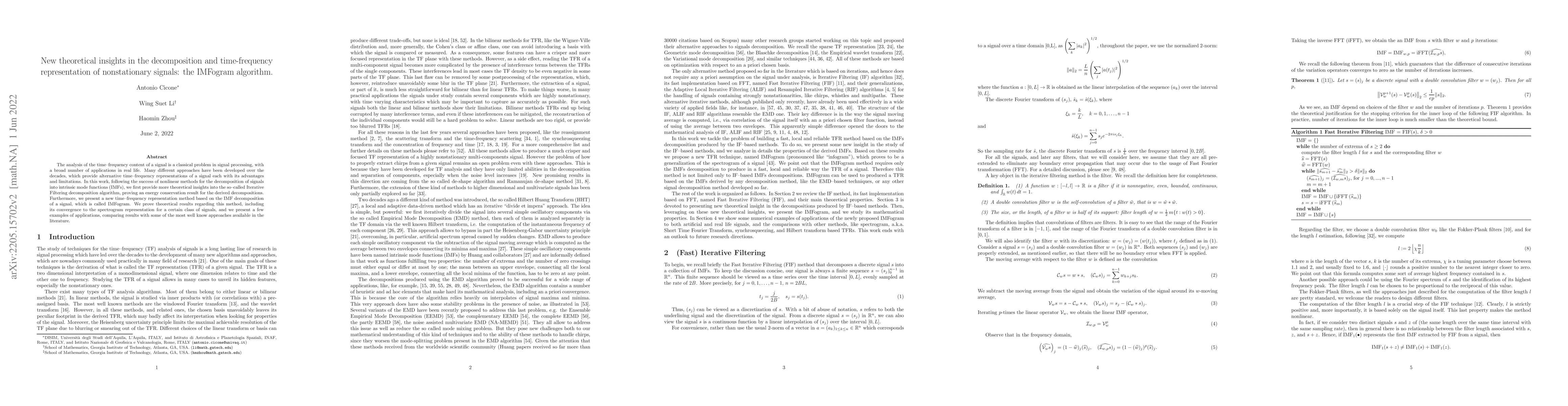 Thumbnail for New theoretical insights in the decomposition and time-frequency
  representation of nonstationary signals: the IMFogram algorithm