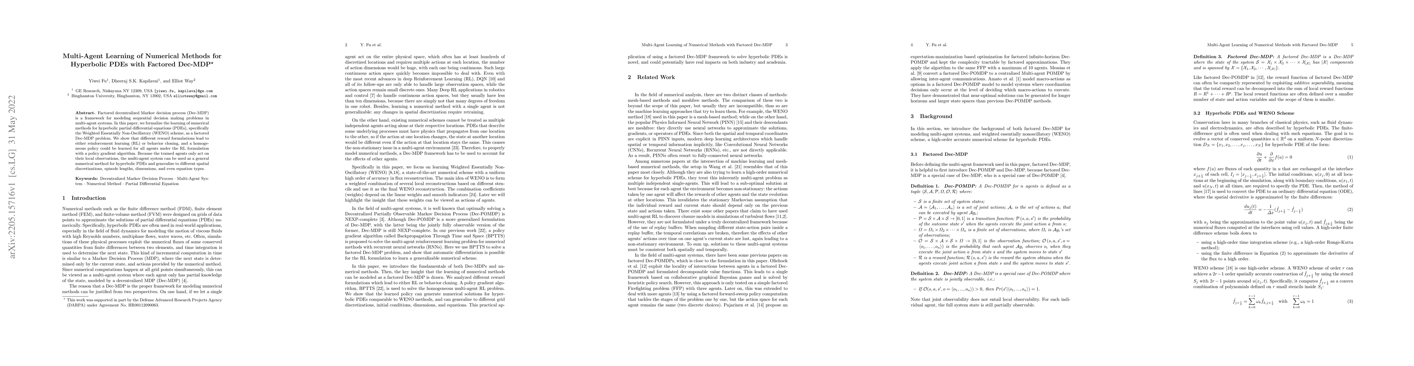 Thumbnail for Multi-Agent Learning of Numerical Methods for Hyperbolic PDEs with
  Factored Dec-MDP