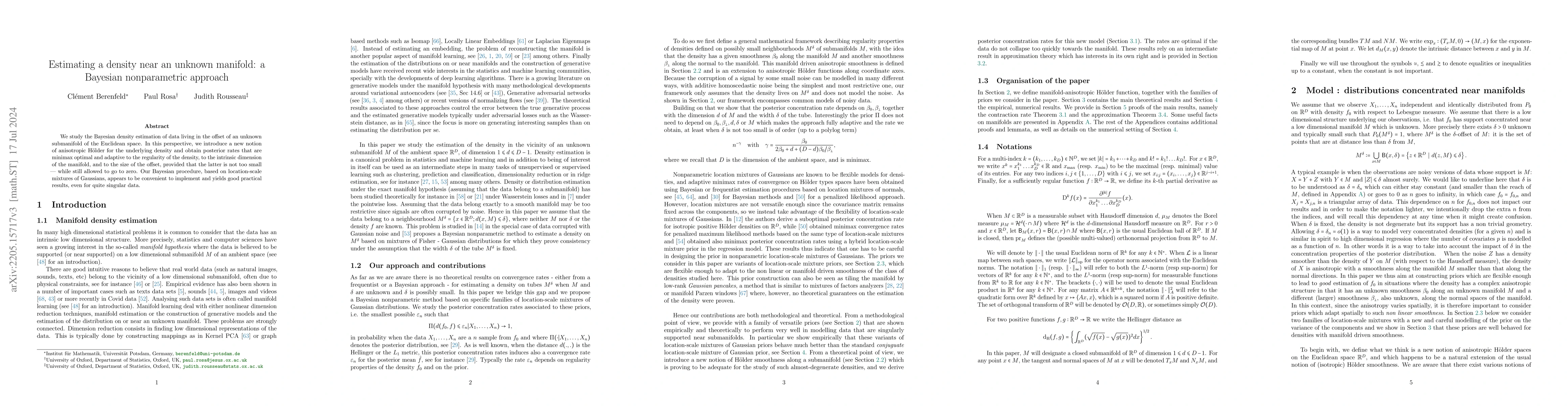 Thumbnail for Estimating a density near an unknown manifold: a Bayesian nonparametric
  approach