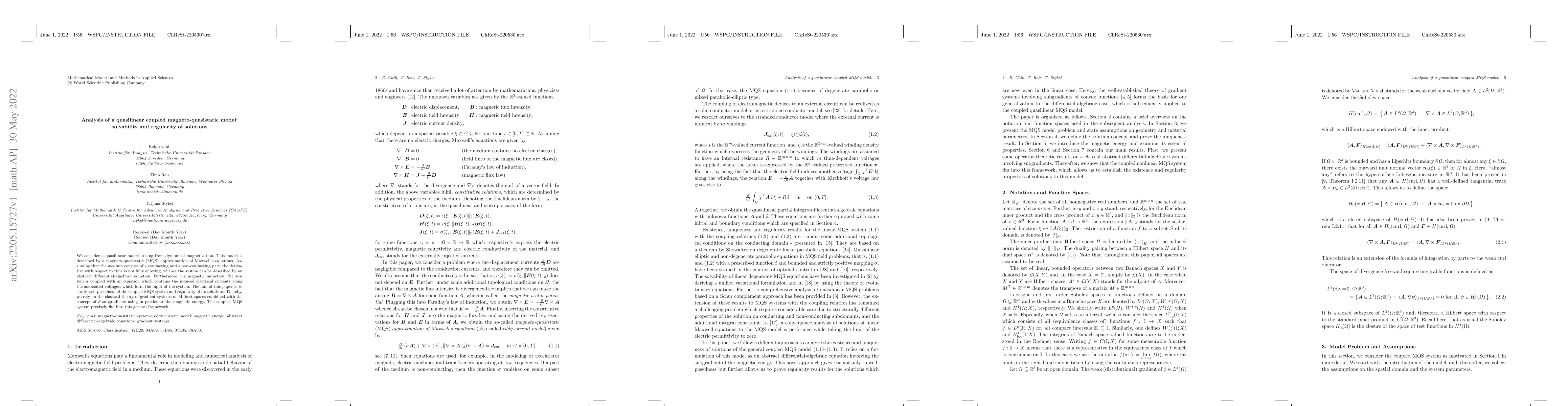 Thumbnail for Analysis of a quasilinear coupled magneto-quasistatic model: solvability
  and regularity of solutions
