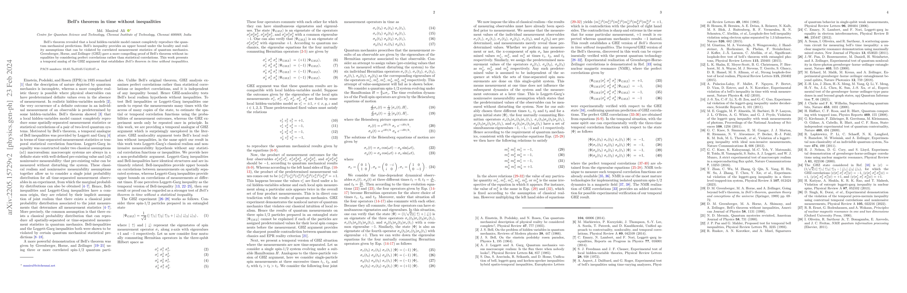 Thumbnail for Bell's theorem in time without inequalities