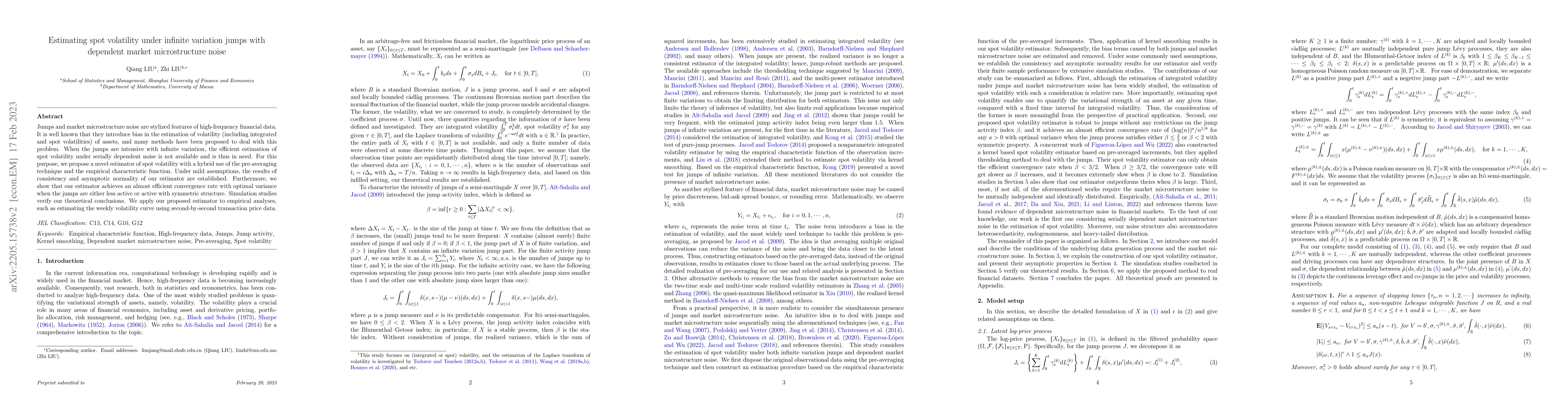 Thumbnail for Estimating spot volatility under infinite variation jumps with dependent
  market microstructure noise