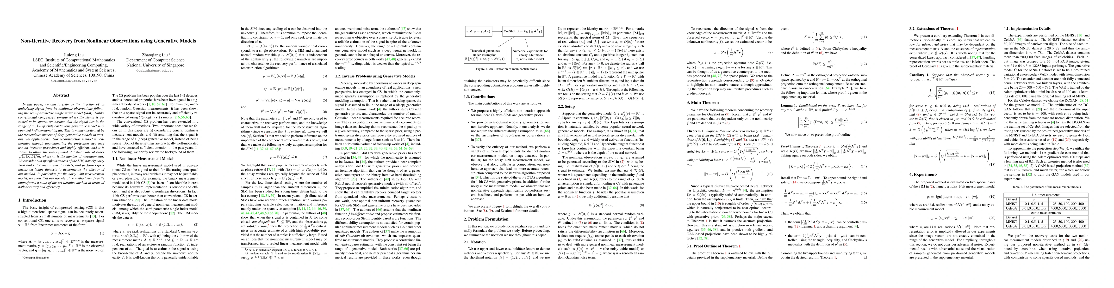 Thumbnail for Non-Iterative Recovery from Nonlinear Observations using Generative
  Models