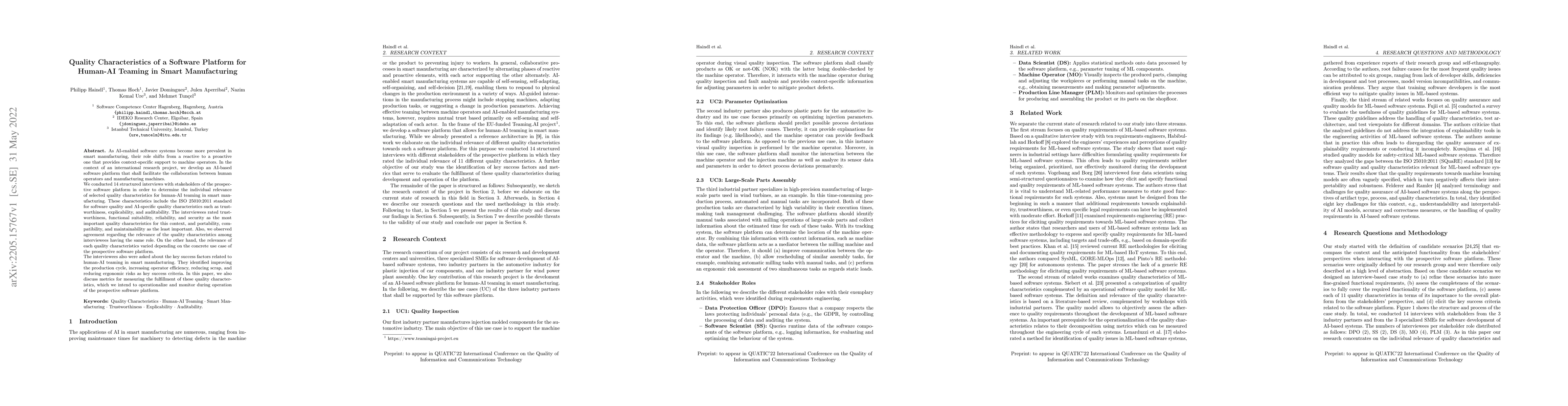 Thumbnail for Quality Characteristics of a Software Platform for Human-AI Teaming in
  Smart Manufacturing