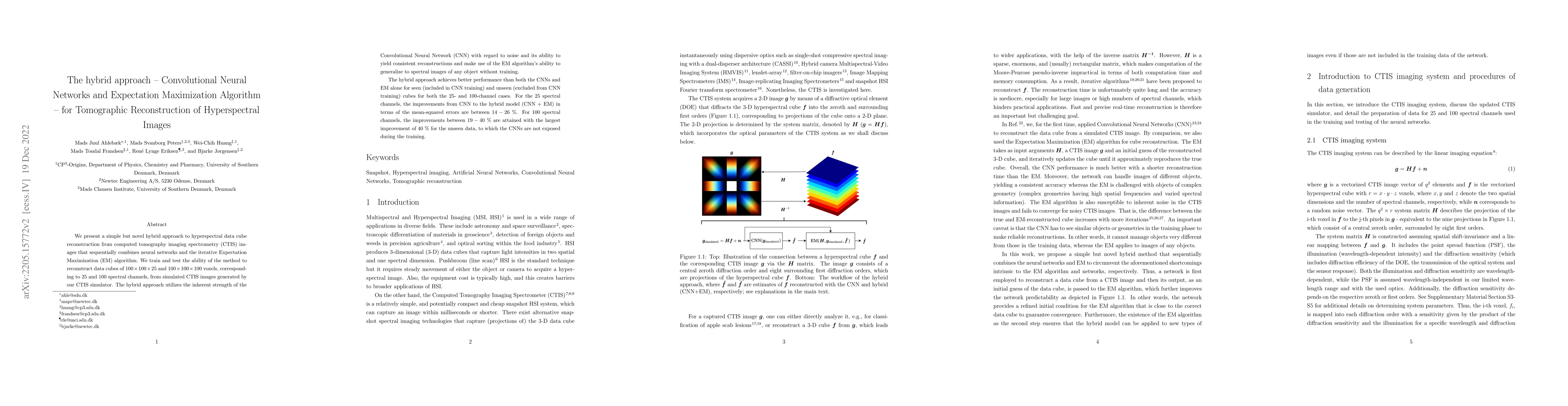 Thumbnail for The hybrid approach -- Convolutional Neural Networks and Expectation
  Maximization Algorithm -- for Tomographic Reconstruction of Hyperspectral
  Images