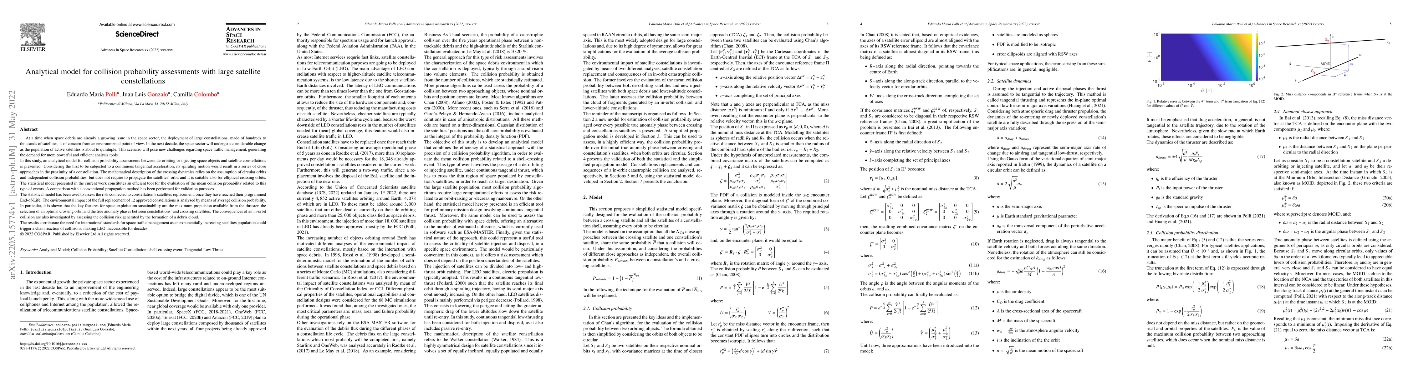 Thumbnail for Analytical model for collision probability assessments with large
  satellite constellations