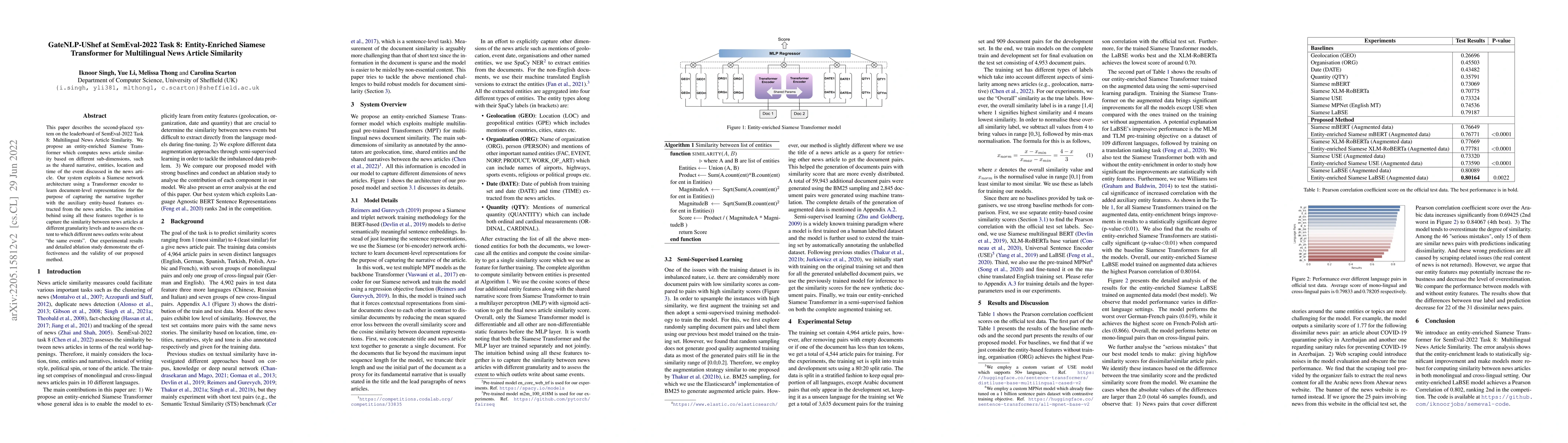 Thumbnail for GateNLP-UShef at SemEval-2022 Task 8: Entity-Enriched Siamese
  Transformer for Multilingual News Article Similarity