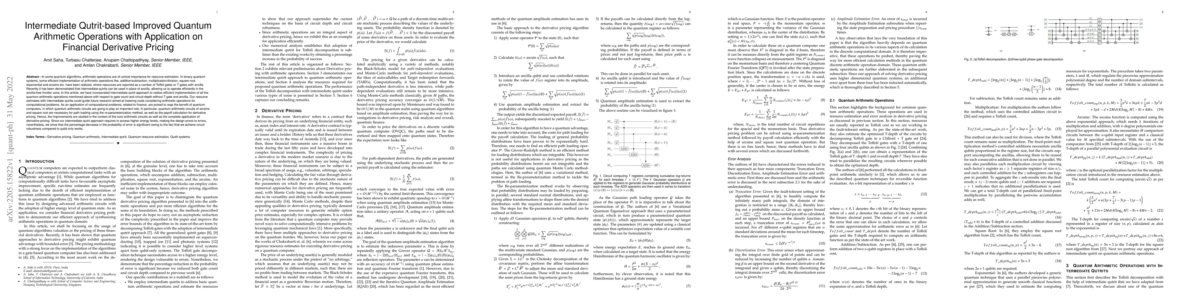 Thumbnail for Intermediate Qutrit-based Improved Quantum Arithmetic Operations with
  Application on Financial Derivative Pricing