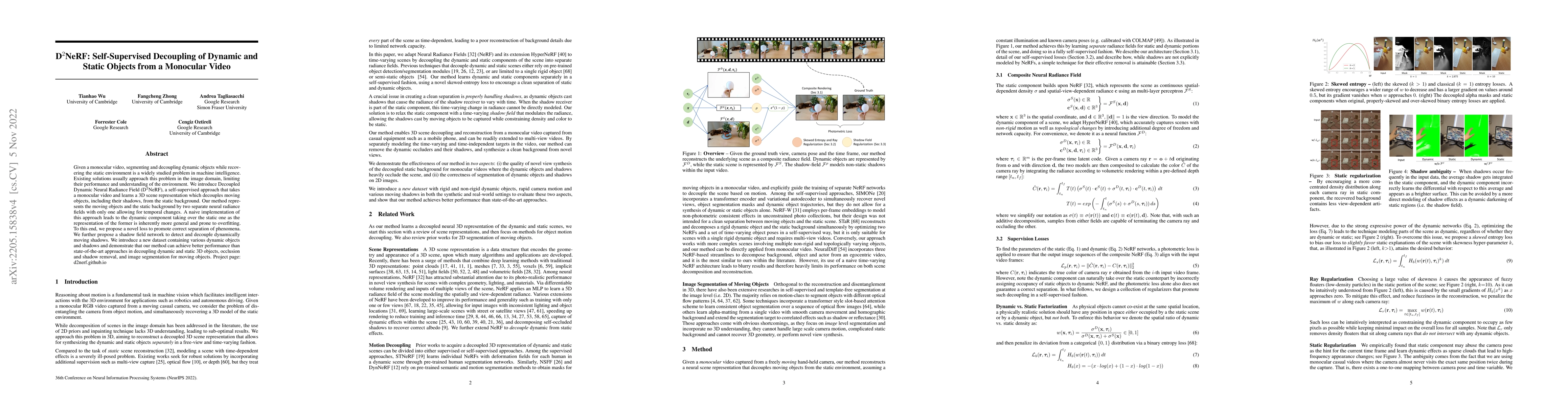 Thumbnail for D$^2$NeRF: Self-Supervised Decoupling of Dynamic and Static Objects from
  a Monocular Video