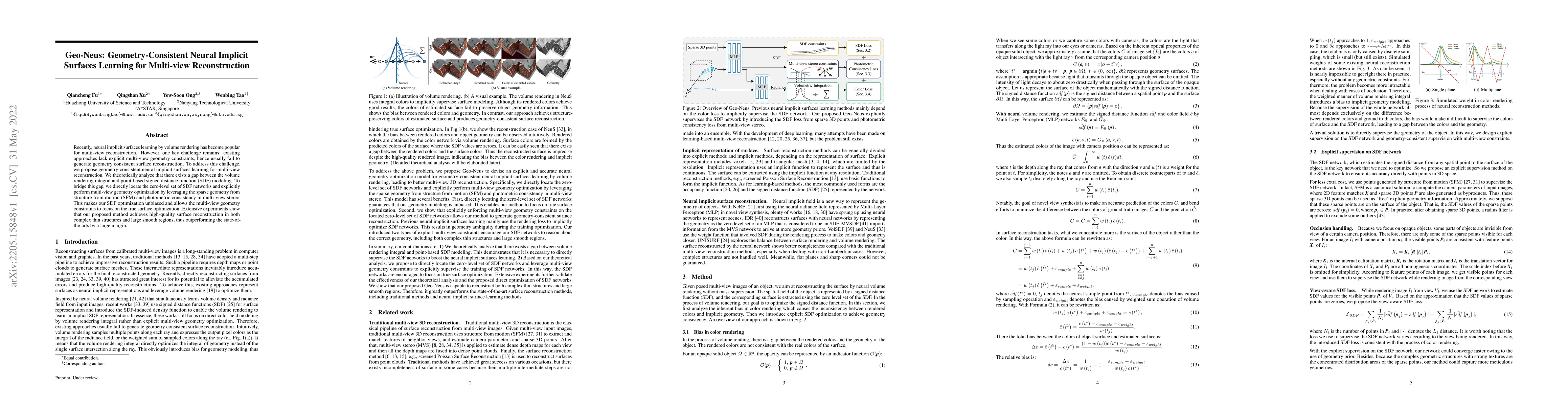 Thumbnail for Geo-Neus: Geometry-Consistent Neural Implicit Surfaces Learning for
  Multi-view Reconstruction