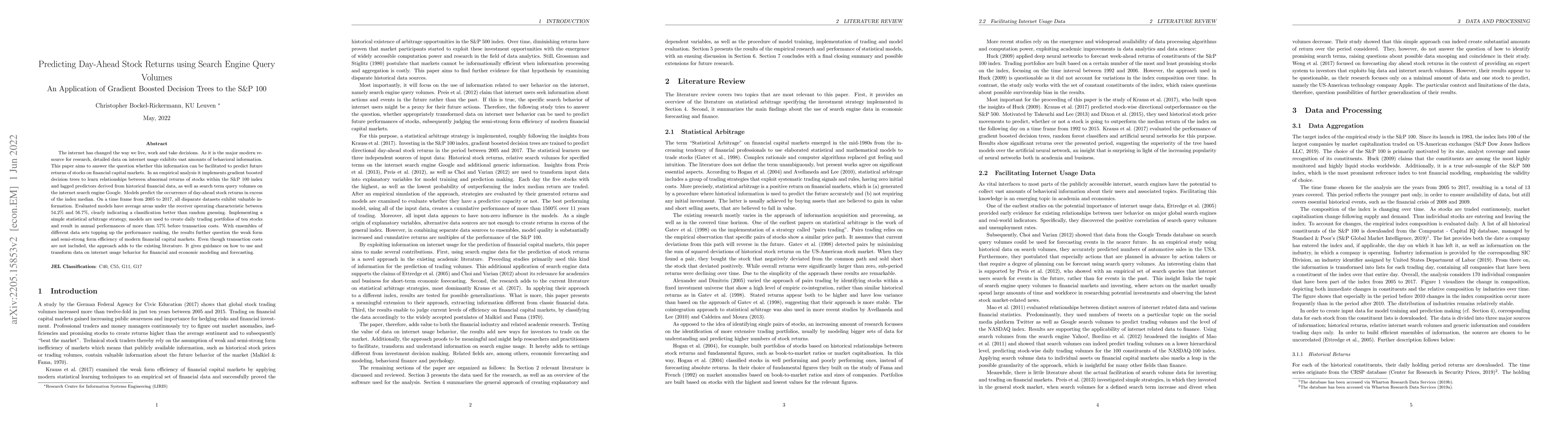Thumbnail for Predicting Day-Ahead Stock Returns using Search Engine Query Volumes: An
  Application of Gradient Boosted Decision Trees to the S&P 100
