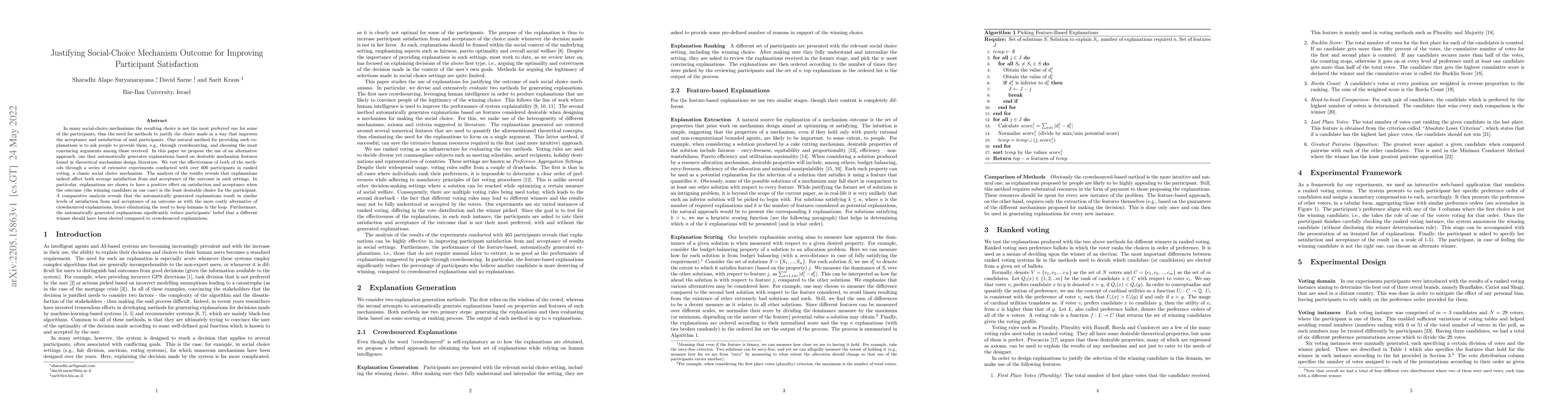 Thumbnail for Justifying Social-Choice Mechanism Outcome for Improving Participant
  Satisfaction