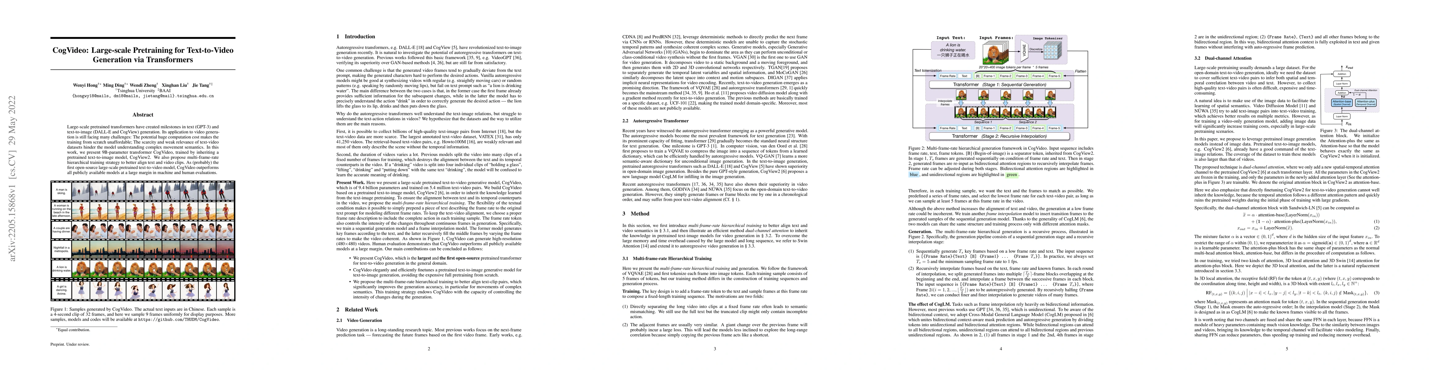 Thumbnail for CogVideo: Large-scale Pretraining for Text-to-Video Generation via
  Transformers