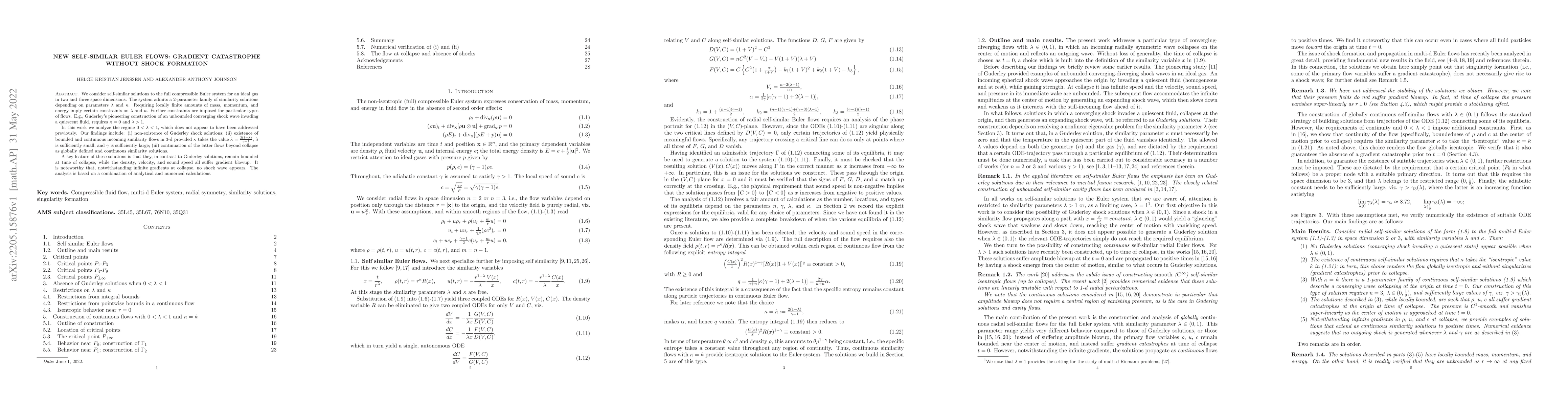 Thumbnail for New Self-similar Euler Flows: gradient catastrophe without shock
  formation