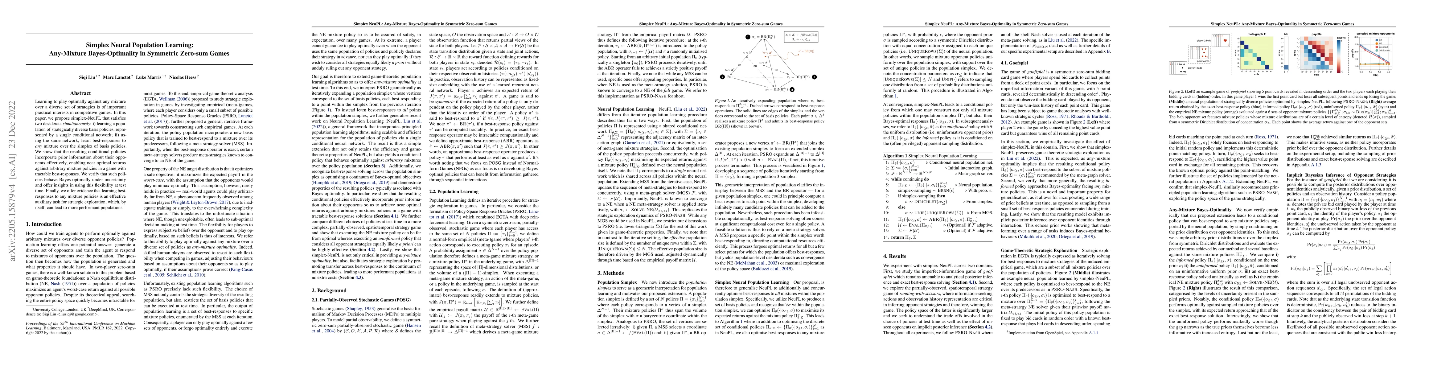 Thumbnail for Simplex Neural Population Learning: Any-Mixture Bayes-Optimality in
  Symmetric Zero-sum Games