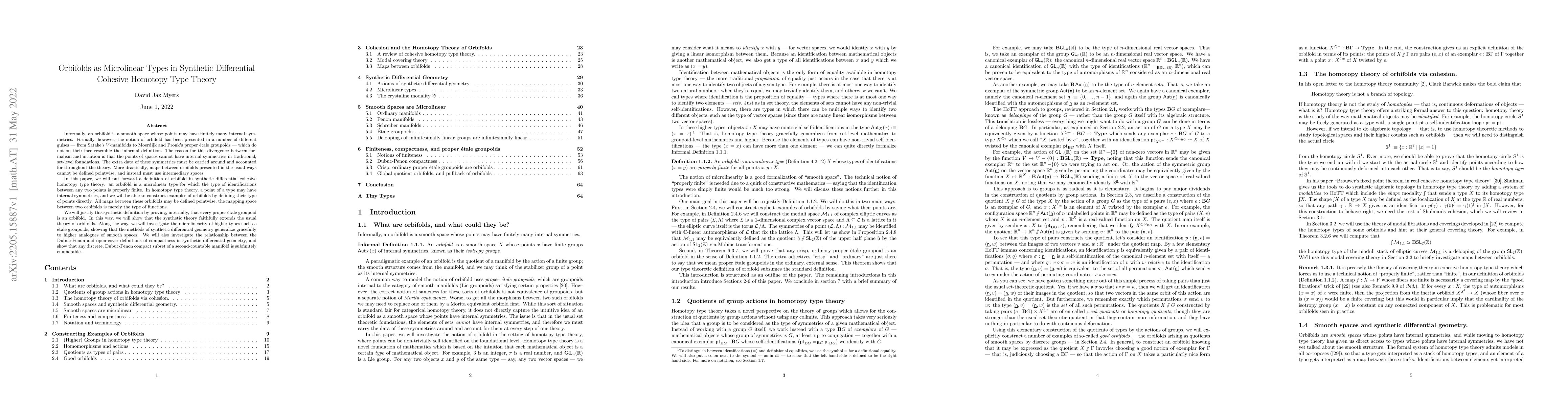Thumbnail for Orbifolds as microlinear types in synthetic differential cohesive
  homotopy type theory