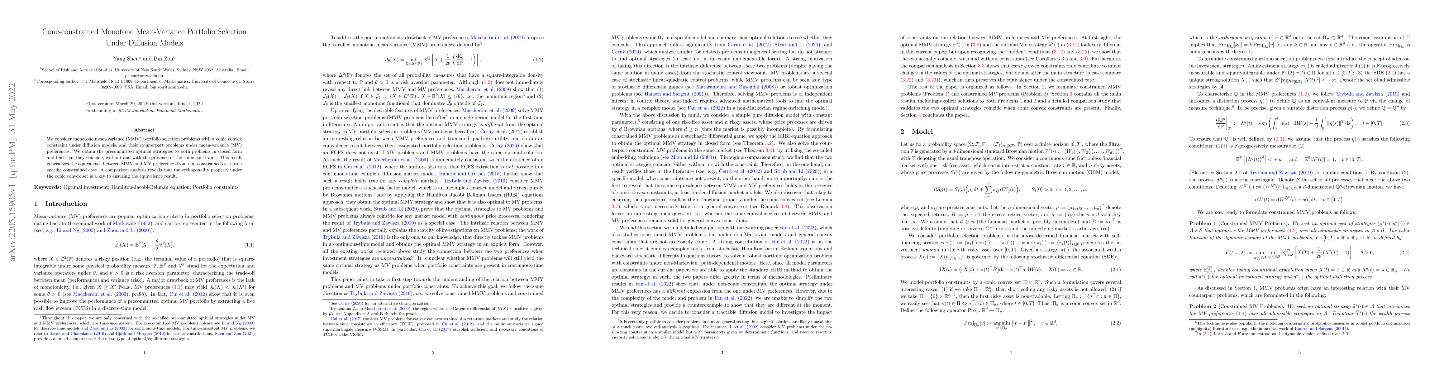 Thumbnail for Cone-constrained Monotone Mean-Variance Portfolio Selection Under
  Diffusion Models