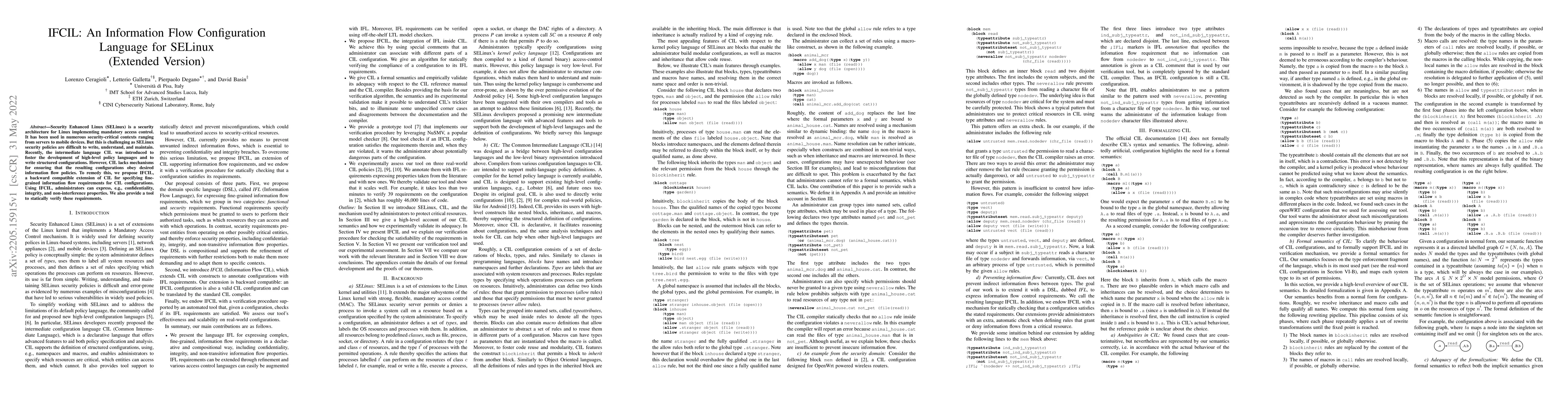 Thumbnail for IFCIL: An Information Flow Configuration Language for SELinux (Extended
  Version)