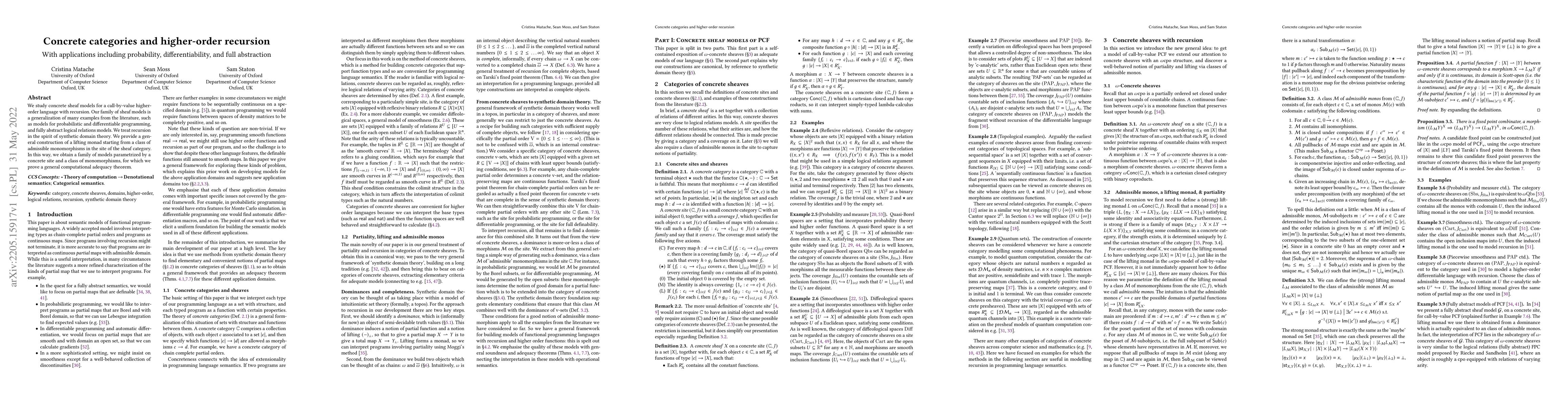 Thumbnail for Concrete categories and higher-order recursion (With applications
  including probability, differentiability, and full abstraction)