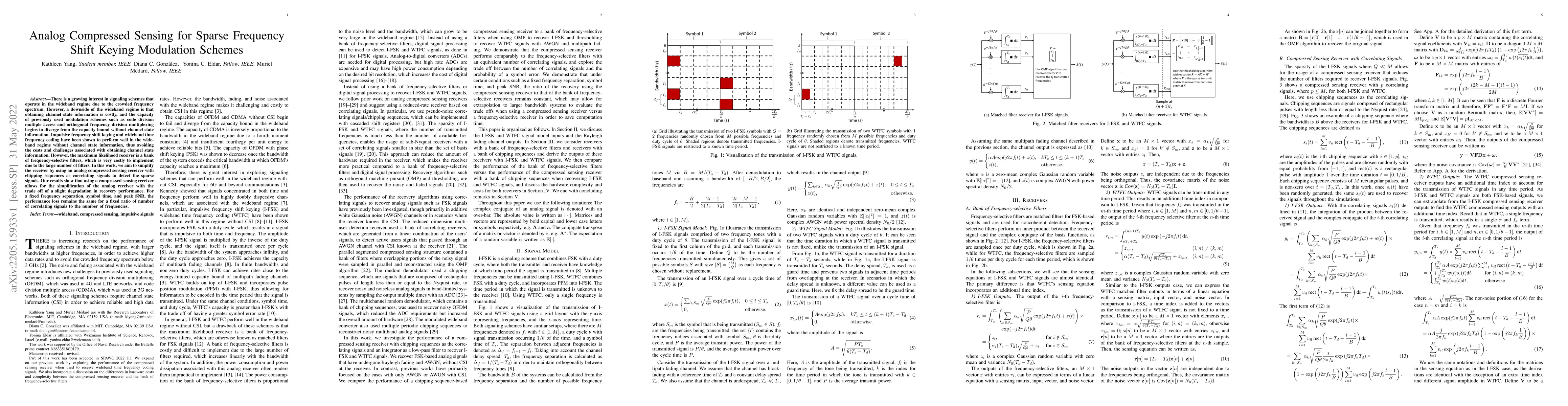 Thumbnail for Analog Compressed Sensing for Sparse Frequency Shift Keying Modulation
  Schemes
