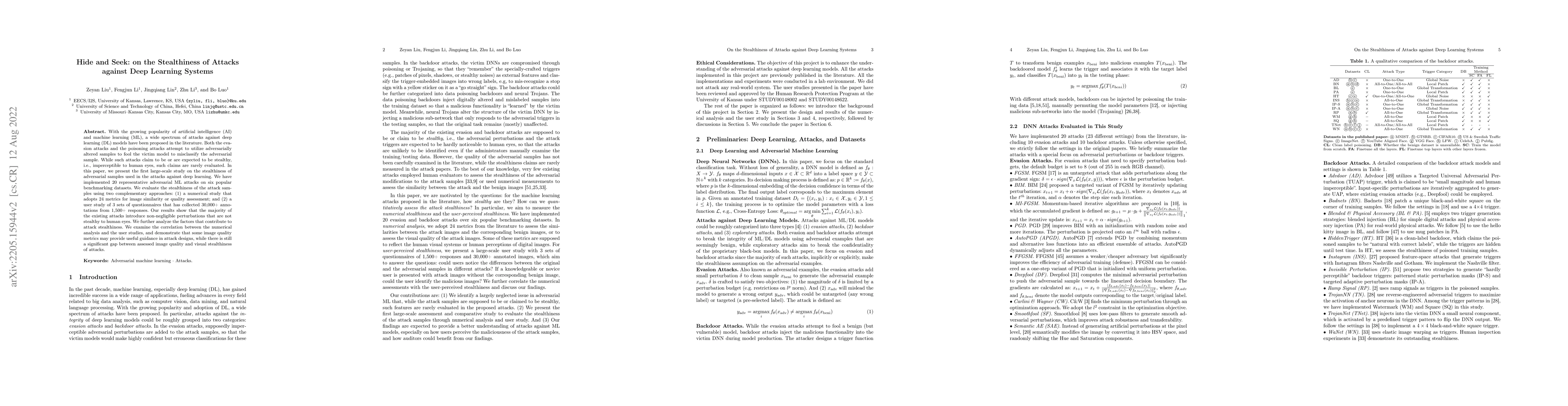 Thumbnail for Hide and Seek: on the Stealthiness of Attacks against Deep Learning
  Systems