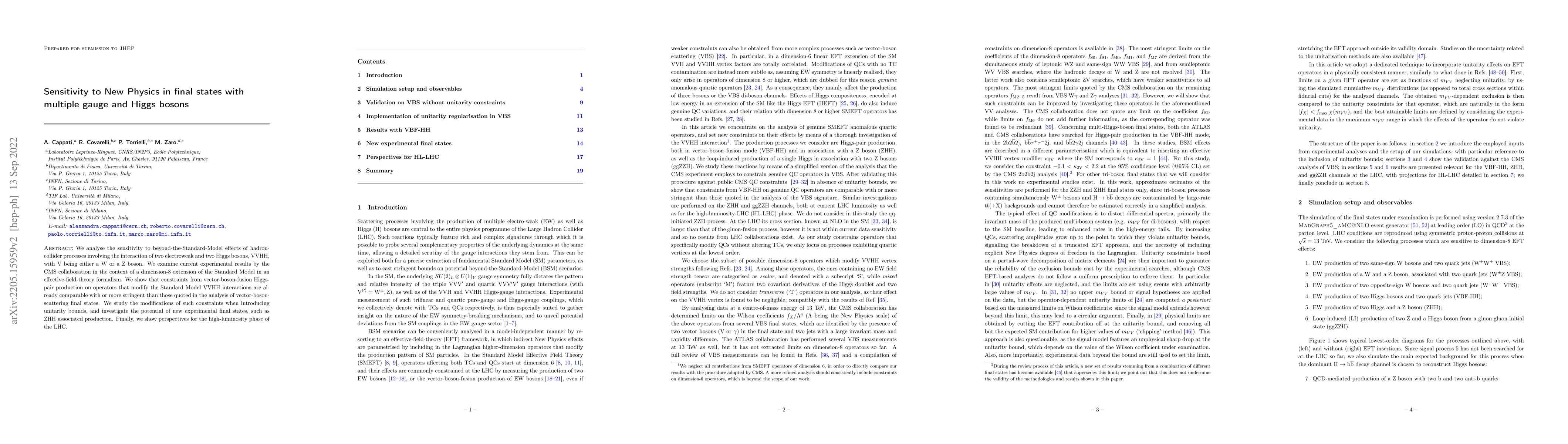 Thumbnail for Sensitivity to New Physics in final states with multiple gauge and Higgs
  bosons