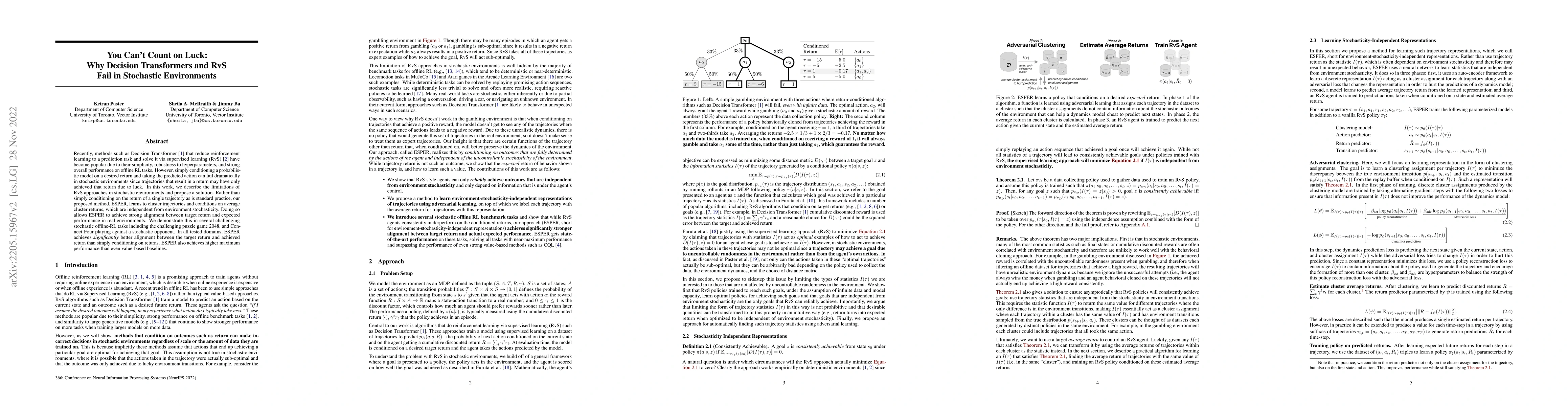 Thumbnail for You Can't Count on Luck: Why Decision Transformers and RvS Fail in
  Stochastic Environments