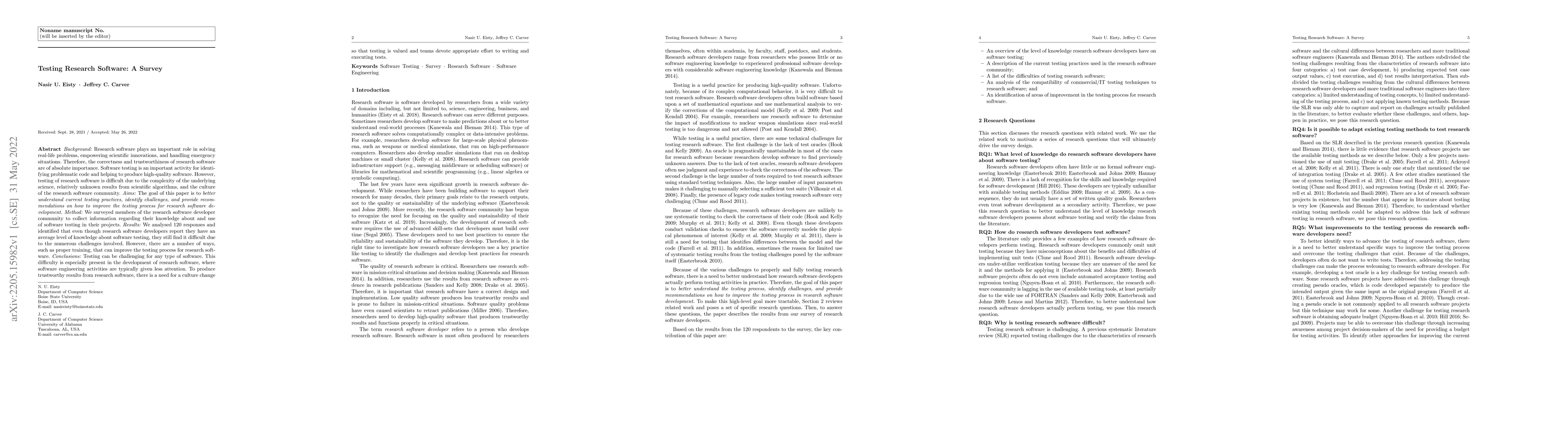 Thumbnail for Testing Research Software: A Survey