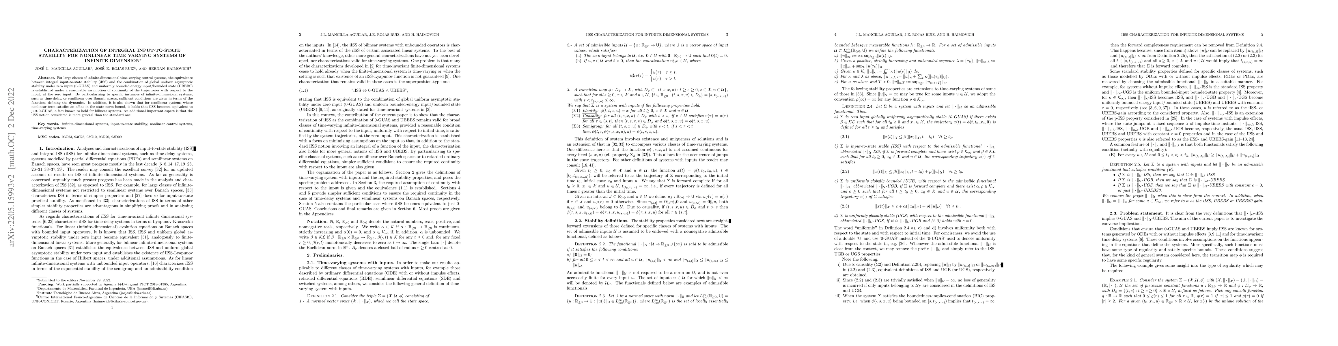 Thumbnail for Characterization of integral input-to-state stability for nonlinear
  time-varying systems of infinite dimension