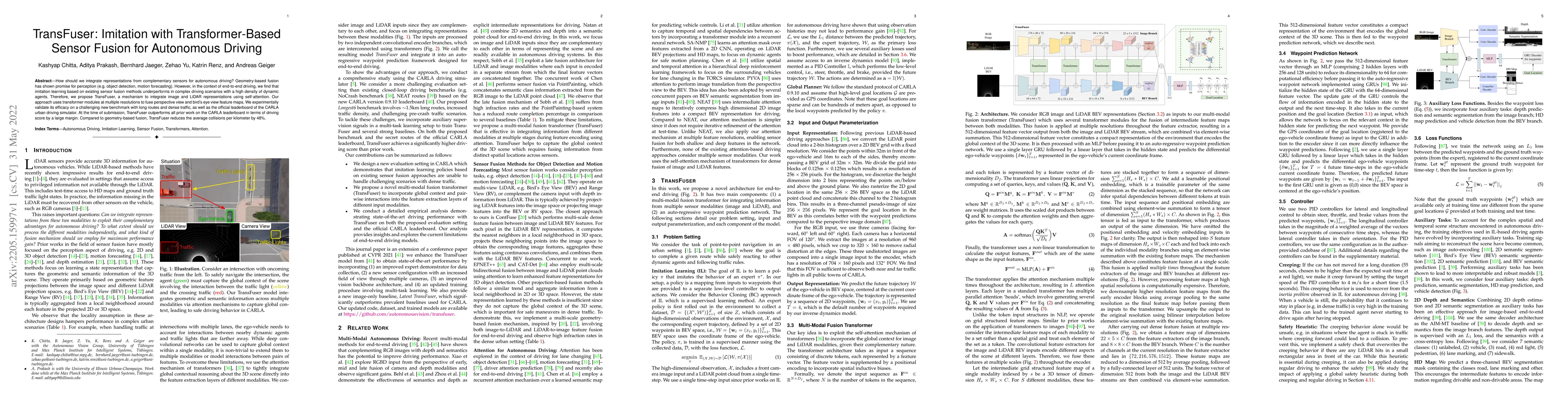 Thumbnail for TransFuser: Imitation with Transformer-Based Sensor Fusion for
  Autonomous Driving