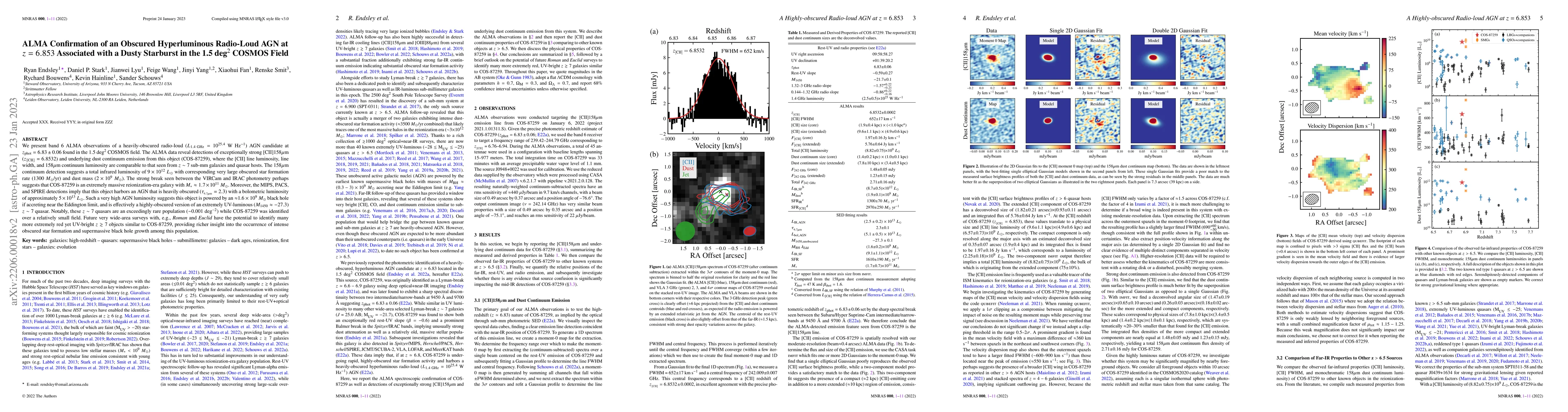 Thumbnail for ALMA Confirmation of an Obscured Hyperluminous Radio-Loud AGN at
  $z=6.853$ Associated with a Dusty Starburst in the 1.5 deg$^2$ COSMOS Field