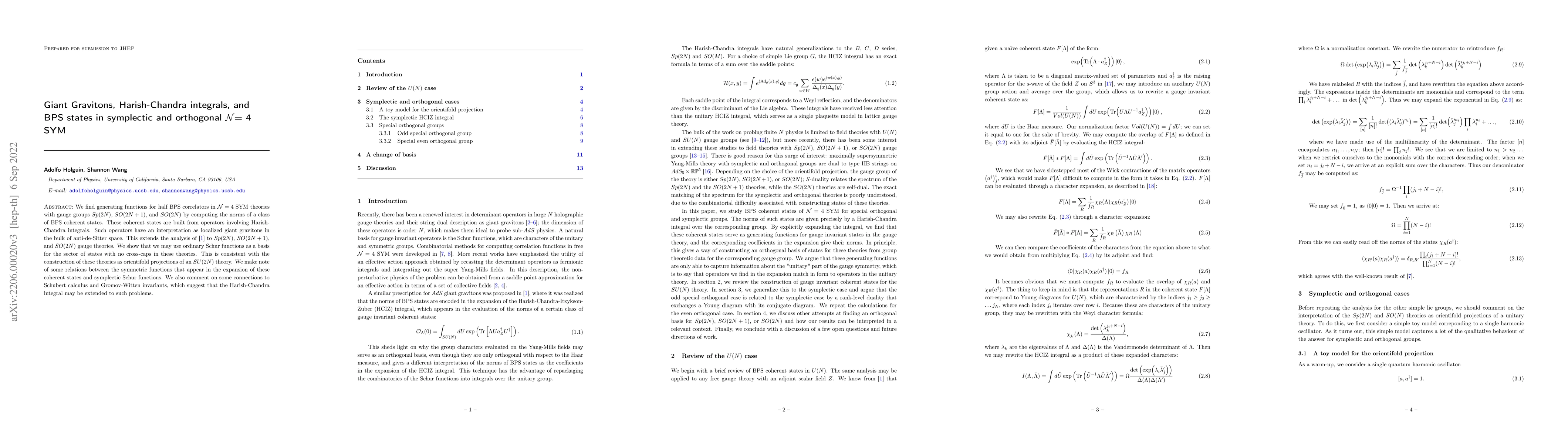 Thumbnail for Giant Gravitons, Harish-Chandra integrals, and BPS states in symplectic
  and orthogonal $\mathcal{N}$= 4 SYM